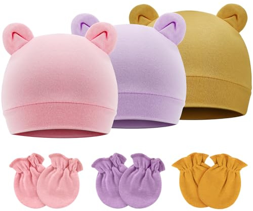 DRESHOW Neugeborene Babymützen Fäustlinge Set Krankenhausmütze Beanie Bärenohren Säuglingsmützen Baby Baumwollhandschuhe Kratzfreie Fäustlinge für 0-6 Monate
