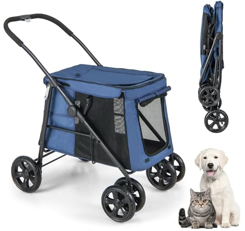 GOPLUS Hundewagen klappbar, Hundebuggy für Hunde & Katzen bis 40 kg, Haustierwagen mit weichem Kissen, Netzfenster & 2 Eingängen, Hundetrage mit Universalrädern & Handgriff (Blau)