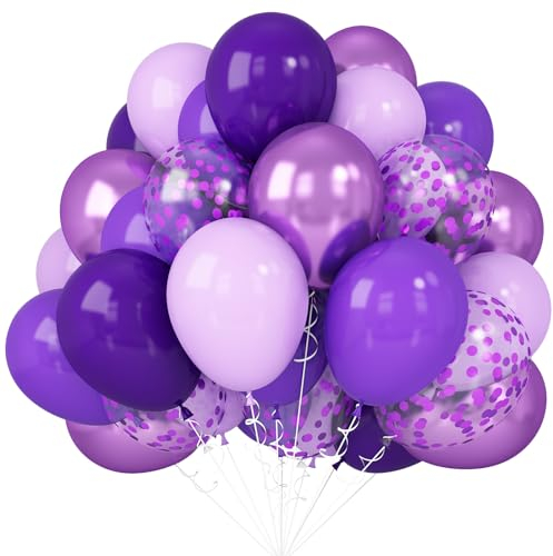 Isndare Purple Balloons Set 50pcs 12inch Metallic, Matte, Pastel, Chrome, Confetti Latex Helium Balloons with Ribbon for Balloon Garlands, Arches, Parties, Kids, Adults