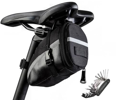 Fyfjur Bolsa Sillin Bicicleta Carretera, Bolsa Sillin Bicicleta Montaña, Reflectante para Bolsa Herramientas Bicicleta con Multiherramienta Bicicleta 16 en 1 para MTB Bici Carretera Plegable (Negro)