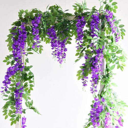 Macrak 2x6Ft Wisteria Hanging Flowers Artificial Vines Fake Garland Silk Flower for Wedding Party Outdoor Home Wall Decoration (Purple)