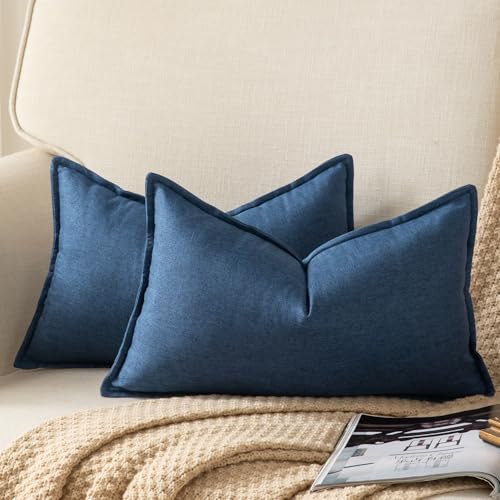 Yaertun 2er Set Leinen Reine Farbe dekorative Kissenbezug Moderne Kissenbezüge Schlafzimmer Sofa Wohnzimmer Dekokissen Bett Kissenhülle Sofakissen 40 x 80 cm Marineblau