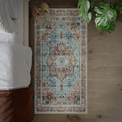 artyrugs Tapis Lavable en Machine, 80x150cm, 75% Coton Recyclé, Poils Courts, Dos Antidérapant, Ne Perd Pas Ses Fibres, Tapis pour Salon, Chambre, Cuisine, Couloir, Bureau, Saumon Clair & Bleu Ciel
