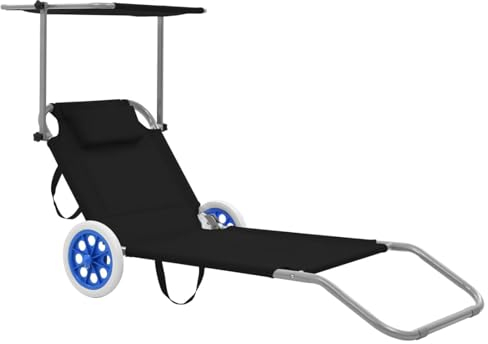 ZEYUAN Klappliege mit Sonnenschutz und Rädern, Sonnenliege, Gartenliege, Liegestuhl, Liegestühle, Sonnenschutz Garten, Terrassenliege, Strandliege, Stahl Schwarz