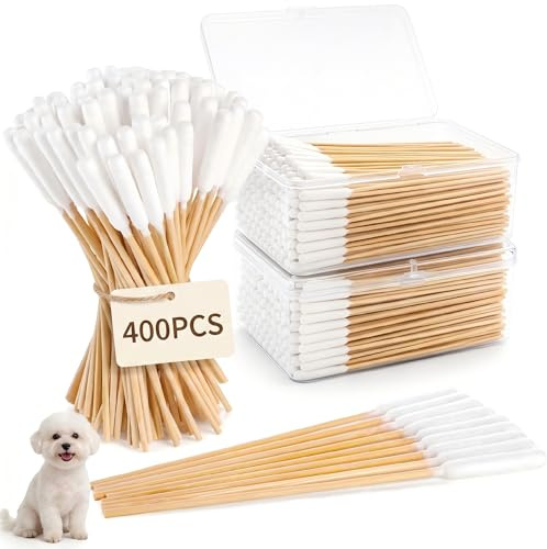 Mezchi 400 Pcs 15cm/ 6 Dog Ear Cleaning Swabs with Storage Box, Long Cotton Swabs with Bamboo Handle for Dogs, Dog Ear Cleaner Tool for Safe Pet Ear Care