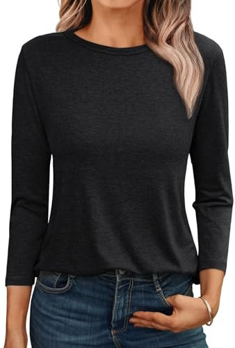 AirMood Womens 3/4 Length Sleeve Shirts Tops Casual Loose Fit Crewneck T-Shirts Basic Blouses (Black,L)