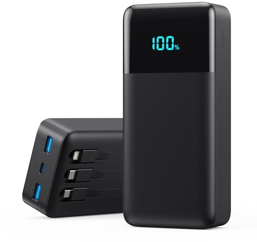 Portable Charger 50800mAh Power Bank with 3 Built-in Cable,25W PD USB C in&Out Power Bank Fast Phone Charging,QC4.0 LED Display Portable Battery Pack Compatible with iPhone 16/15, Galaxy Android-Black