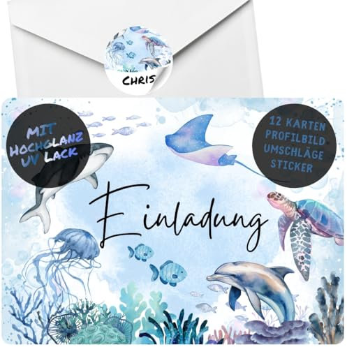 celebr8te 12x Meerestiere Einladungskarten im UV-Lack Design - Für den Kindergeburtstag von Jungen & Mädchen - Partyeinladungen für Geburtstage +12 Umschläge +12 Sticker