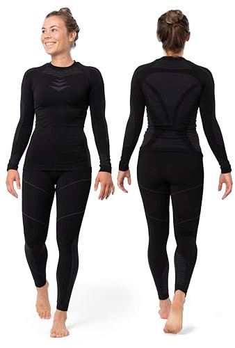 Occulto Damen Skiunterwäsche Set Thermoshirt & Thermounterhose (Modell: Lindsey), Thermounterwäsche Damen Schwarz Grau L