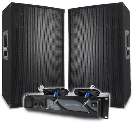 Pack Sono DJ BM Bmsonic Amplificador 3000 W, par de altavoces pasivos 2 x 700 W, cables Speakon, sonido PRO