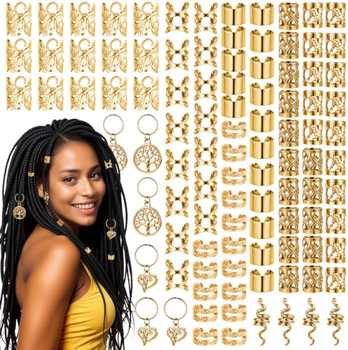 Ouligay 100 Stück Gold Haarschmuck für Zöpfe, Haarschmuck Gold Verstellbar Metall Dreadlocks Schmuck, Ring Braids Haarschmuck Ringe, Festival Haarringe Loc Haar Schmuck für Dreadlock-Zubehör