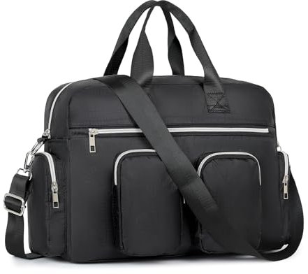 KONO Damen leichte Handtasche, Wasserdichte Umhängetasche mit Blumenmuster, Groß Henkeltasche für Frauen, Multifunktionale Schultertasche für Reisen, Shopper, Arbeit(Reines Schwarz)