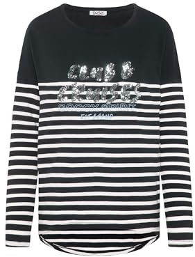 SOCCX Damen Streifenshirt mit Pailletten-Wording Blue Navy M
