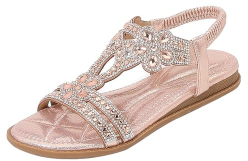 Sandales à strass pour femmes, chaussures d'été ethniques à bout ouvert et à fond épais avec talon incliné Cales Noires Pour Femmes Sexy (Pink, 40)