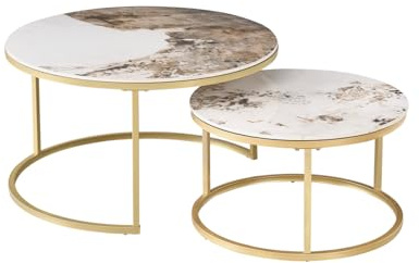 HJhomeheart 2er-Set Marmor-Couchtische mit Pandora-Marmorplatte und Goldenem Metallgestell, Moderner Runder Beistelltisch fürs Wohnzimmer – 80 x 80 x 45 cm