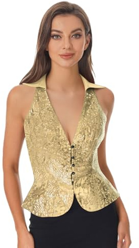 Loodgao Damen Stylische Pailletten Weste Ärmellos Gilet mit Kentkragen Tiefer V Ausschnitt Party Waistcoat Slim Fit Tops Sommer Vest Geburtstag Festzug Oberbekleidung gr. S-3XL