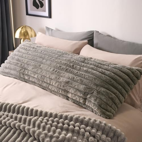 OHS Grey Bolster Pillow Ribbed Faux Fur, Full Body Long Pillows Soft Cosy Hollowfibre Filling Pregnancy Pillow for Maternity Support & Side Sleeper Bolster Cushion, 125 x 45cm