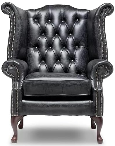 Chesterfield Queen-Anne-Stuhl mit hoher Rückenlehne, 100 % echtes schwarzes Leder, handgefertigter Flügelrücken-Sessel mit tiefen Knöpfen, Mahagoni-Beinen und FSC-Hartholz-Rahmen, luxuriöse britische