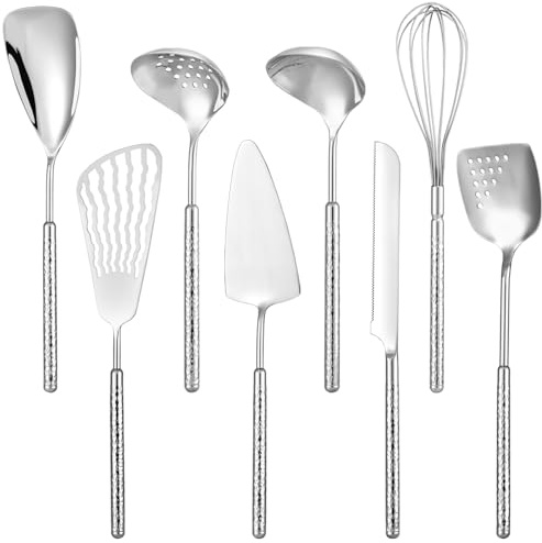 Set d'Ustensiles de Cuisine en Acier Inoxydable 304, Set de 8 Ustensiles de Cuisine, Louche, Écumoire, Spatule à Fentes, Spatule à Poisson, Cuillère de Service, Fouet, Couteau à Pain, Pelle à Gâteau