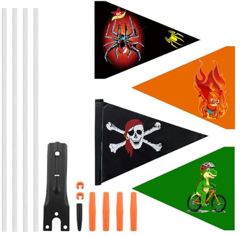 Drapeau de vélo pour enfants, 4 Pièces, bannière de vélo d'ensemble, Drapeau Vélo Réglable, Enfants Drapeau De Sécurité À Vélo Fanion, Motifs riches, pour Garçons Filles Drapeau