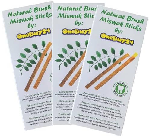 OneBuy24 MISWAK Siwak, 5er Pack (3 x 5er Pack), Naturzahnbürste, Zahnputzholz mit Mineralstoffen und Gipskristallen für schonend saubere und weisse Zähne, Vegan, EXTRA FRISCH MIT VIEL SAFT