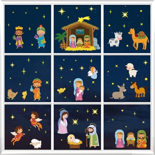 Weihnachts-Fensteraufkleber mit Heiliger Szene, Engel, Drei Könige und Tiere, statische Aufkleber für Glasfenster, religiöse Weihnachtsdekorationen, Heimbüro, Schule, Urlaubsbedarf