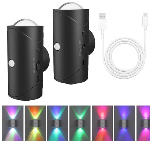 LED Nachtlicht mit Bewegungsmelder, RGB Kabellose Wandleuchte, Schwarz, 2X | 7 Farben, Magnetischen Smart Nachtlicht Innen, Wiederaufladbare Wandlampe für Schlafzimmer, Flur, Treppe