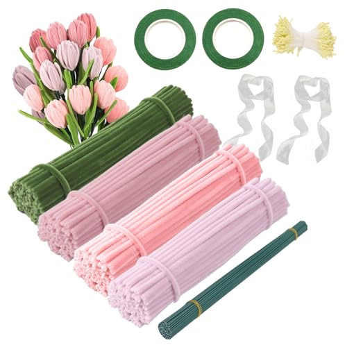 Tulpe Blumenstrauß Pfeifenreiniger Set, 300 Stück Pfeifenputzer zum Basteln, Bouquet Pfeifenreiniger Set, 4 Farben Pipe Cleaner mit 20 Stück Grün Basteldraht, Geschenkband, Blumenband
