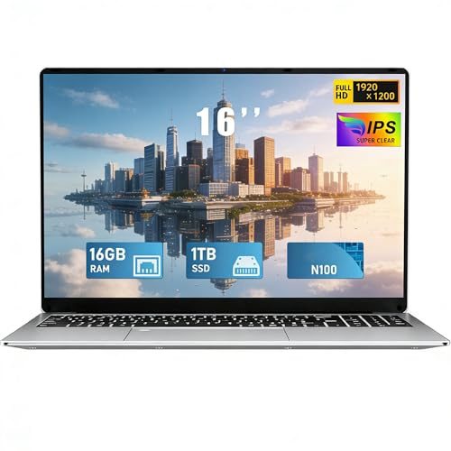FUNYET 2026 Ordinateur Portable 16 Pouces Celeron N100 jusqu'à 3,4 GHz PC Portable 16Go RAM 1To SSD Win 11 Pro 6000mAh Battery FHD 1920×1200 Laptop USB 3.0 BT 5.0 WiFi 5 Mini HDMI Clavier Rétroéclairé