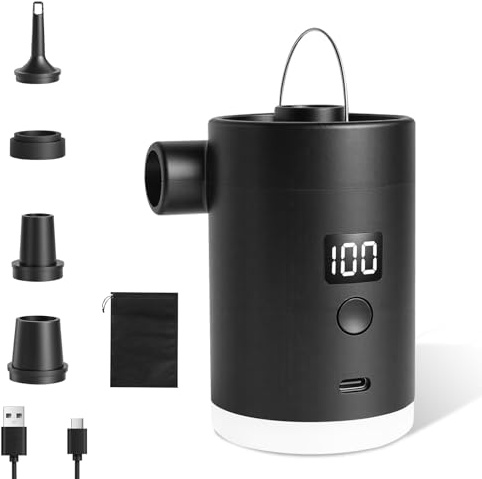 Portable Air Pump with Camping Light, Mini Electric Pump for Inflatables, High Flow 300L/min, 3600mAh Battery, Fast Inflate Deflate for Sleeping Pads, Vacuum Bags, Pool Floats