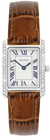 Sekonda Colette Damen-Armbanduhr, 22 mm, Quarzuhrwerk, mit analoger Anzeige und braunem Lederband, silberfarben