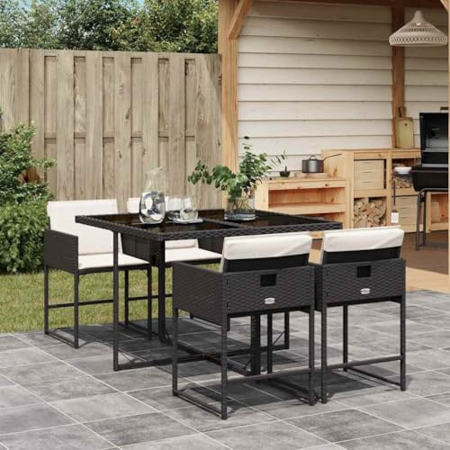 YunCangg Juego de comedor de jardín de 5 piezas con cojín, polirratán, resistente a la intemperie, plegable, ahorra espacio, para terraza, balcón, exterior, con mesa de cristal y 4 sillas para patio y