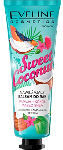 Eveline Cosmetics Süßes Kokosnuss Feuchtigkeitsspendender Handbalsam - Tiefenwirksame Shea Butter & Papaya-Extrakt, Hydratisierendes Kokosöl - 50ml