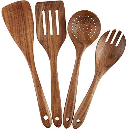 Lot de 4 ustensiles de cuisine en bois antiadhésifs pour ustensiles de cuisine en bois, spatule, fourchette, spatule, louche, cuillères à passoire