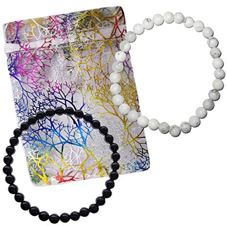 2x Kugel ARMBAND - 6mm SHUNGIT Schungit + MAGNESIT - Edelstein Schmuck für SCHUTZ & WILLENSKRAFT + ÄNGSTE besiegen. Ideal zur Diätunterstützung. Mit TÄSCHCHEN. 95040-12