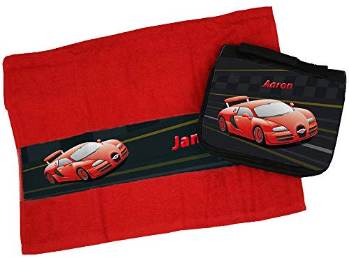 Eurofoto Handtuch + Kulturbeutel Set mit Namen Janosch und Auto-Motiv für Jungen | Handtuch und Kulturbeutel Bedruckt |