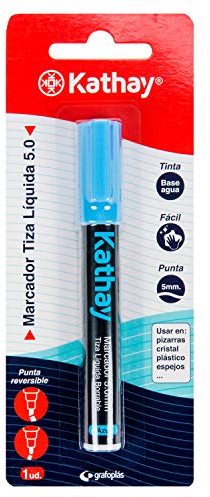 Kathay 86212630. Marcador Tiza Líquida, Borrable, Azul, Punta 5mm, Tinta Base Agua, Punta Reversible, Perfecto para Pizarras, Cristal, Plásticos o Espejos
