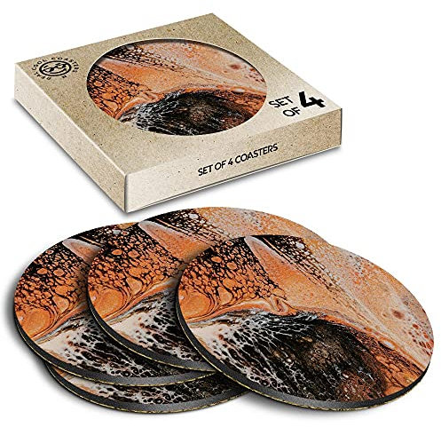4 x Eco Boxed Cork Coasters - Orange Black Ink Art Marbelling Paint Drink Cup Mug Glass Table Mat #45938
