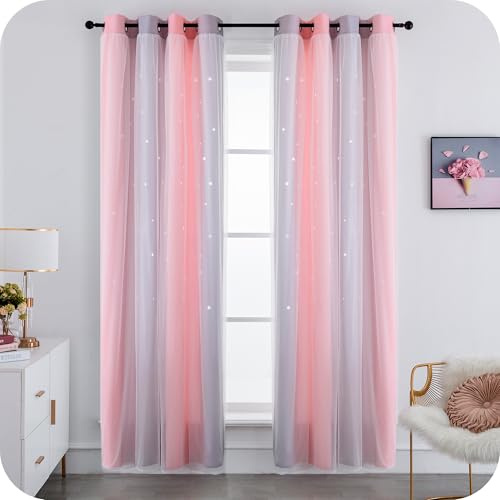 GIRASOLE HOME® Coppia Tende Doppio Velo Oscuranti Morbide Fantasia Stelle Vuote Tenda Isolante per Camera e Cameretta Bambini 2 Pannelli con Occhielli (140x285cm, Rosa e Violetto)