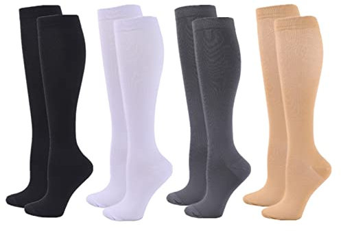 Calcetines de compresión para mujeres y hombres, 2/3/4/6 pares de 20-25 mmHg, calcetines de compresión para deportes, atletismo, edema, diabético, 4 pares-negro piel blanco gris, Small/Medium