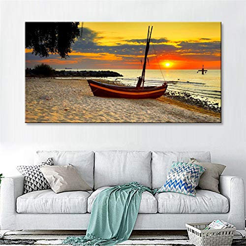 Toile Peinture Mur Art Photos Moderne Modulaire Photos Impressions sur Plage Paysage Marin Peinture Mer Bateau Coucher De Soleil Décor À La Maison 60x120cm Sans Cadre