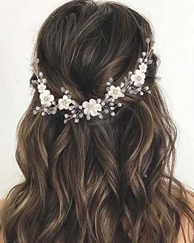 Wedity Braut-Kopfschmuck mit silbernen Strasssteinen, weiche Keramik, Blumen-Haarreben-Haarteil, Perlen-Haarschmuck für Frauen und Mädchen