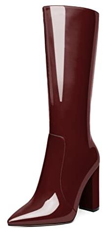 Mettesally Stivali alti da donna, a punta con tacco alto e grosso, con cerniera al ginocchio in inverno Stivali con cerniera al polpaccio Borgogna EU37