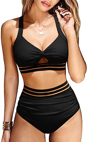 UMIPUBO Maillot de Bain Femme 2 Pieces Taille Haute L'été Bikini Sexy Push Up Swimwear Grande Taille Confortable Maillot de Bain de Plage(Noir-B,XL)
