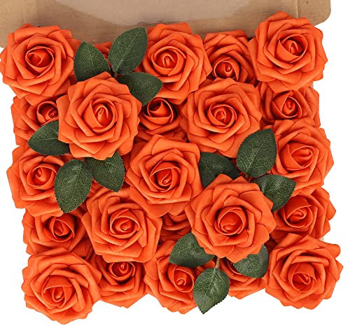 N&T NIETING Artificial Flowers, 25Pcs Real Touch Fake Fall Flower Roses with Stems, Orange Foam Rose Bulk for Wedding Bouquets Table Centerpieces Bridal Shower Party Home Autumn Decorations