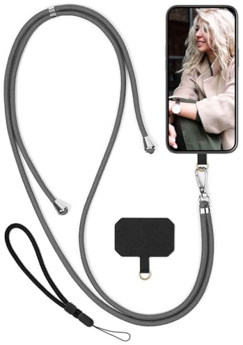 moex Unleash für OnePlus 9 Pro Handyband zum Umhängen ohne Hülle, Handykette Universal mit Karabiner, Handy Band abnehmbar, Kette mit Pad für Handyhülle, Grau, Silber