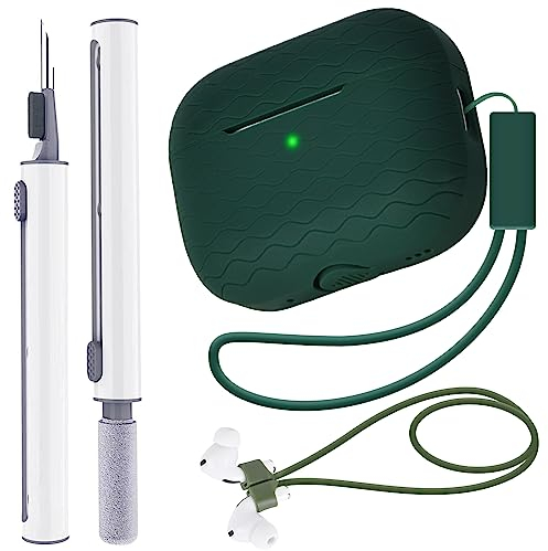 Fhtase Custodia per AirPods Pro 2 2022 con kit di pulizia penna e cinghie anti-smarrimento per AirPods, custodia in silicone morbido AirPod Pro di seconda generazione con cordino (verde oliva)
