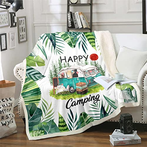 Homewish Wohnmobil Wurf Decke 150x200cm Glückliche Rv Camping Fleece Decke für Reiseanhänger Tropischer Plam Baum Banana Blätter Sherpa Decke für Etagenbett Sommer Camper Fuzzy Decke Aquarell Grün