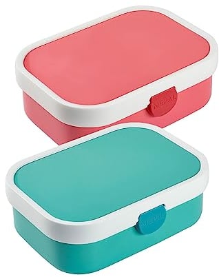 Mepal Brotdose Campus mit Bento-Einsatz & Gabel 700 ml, Farbige Lunchboxen aus Kunststoff mit Clip-Verschluss, 2er Set, ABS, 17.8 x 13.2 x 6.1 cm, türkis & pink