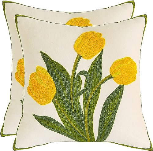 Tosleo 2 Stück Set kissenbezüge Bestickte Tulpe Dekorative 40x40cm Wurfkissenbezüge für Gartenlounge Sofa Dekokissen Wohnzimmer Schlafzimmer
